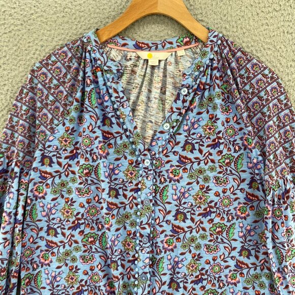 Boden Top Womens 6R Blue Multi Floral Button Up Balloon Long Sleeve Knit Stretch - Picture 2 of 10